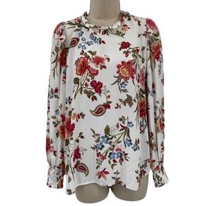 Loft Blouse Medium Women's Long Sleeve Smocked Tie Back White Multi Floral BOHO